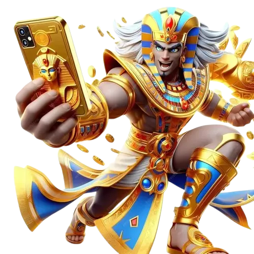 戰神賽特2角色手持金色手機慶祝爆分，象徵賽特2覺醒之力高爆發與中獎時的喜悅動作